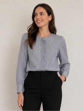 Simons - Ruffle Front Pinstripe Shirt - S - China